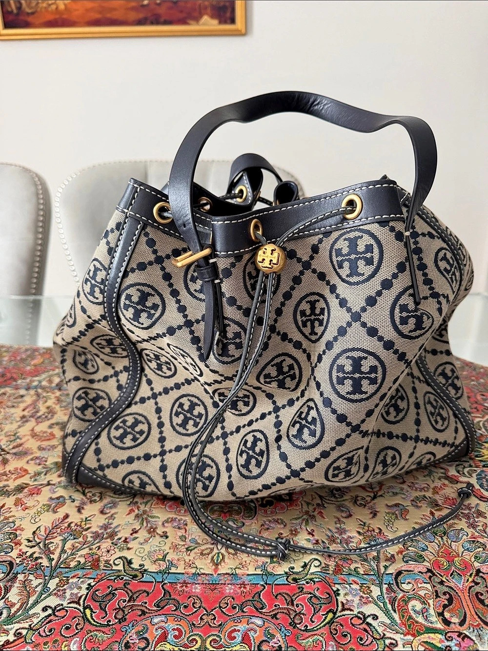 Tory Burch T Monogram Jacquard Bucket Bag Black & Tan